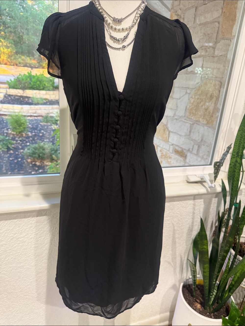 Black V-Neck Pleated Front Women's Dress - Size 2 Elegant Chiffon Dress